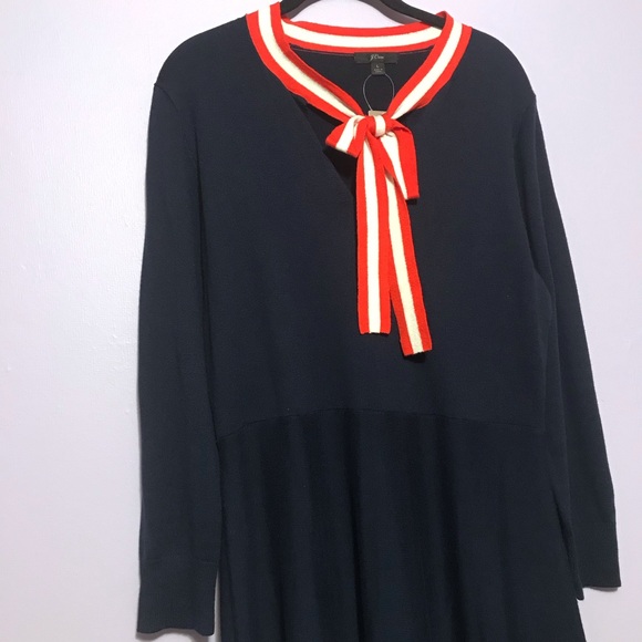 J CREW ALICE NECK TIE NAVY BLUE LIGHTWEIGHT KNIT DRESS SIZE LARGE - Picture 1 of 8